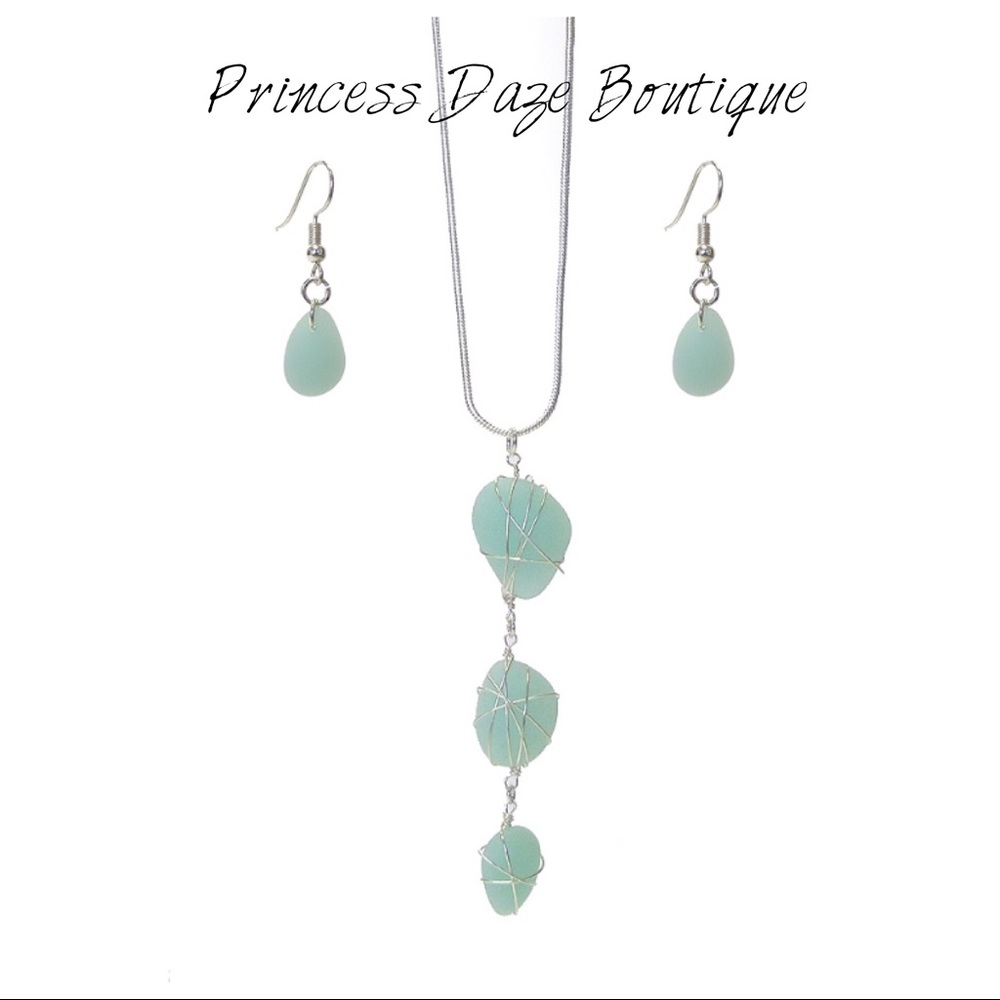 Sea Glass Wire Wrap Drop Necklace & Earring Set